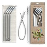 Softy Straws Premium Reusable Stainless Steel Drinking Straws With Silicone Tips + Patented Straw Cleaners and Carrying Case - 9” Long Metal With Curved Bend for 20/30/32oz Tumblers