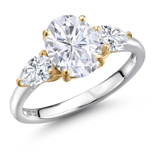 Gem Stone King 925 Silver and 10K Yellow Gold White Moissanite Engagement Ring For Women | 2.90 Cttw | Oval 9X7MM | Gemstone Birthstone | Available in Size 5,6,7,8,9