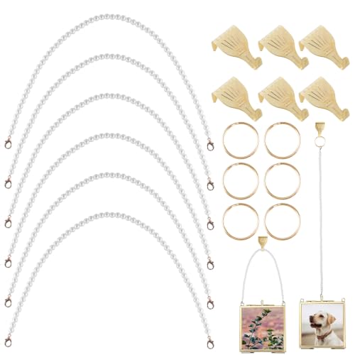 Image of Picture Hanging Kit-6Pcs Frame Rail Hooks with 6Pcs Pearl Hanging Chain Picture Display Accessories for Wall Pictures, Exhibition(60CM)