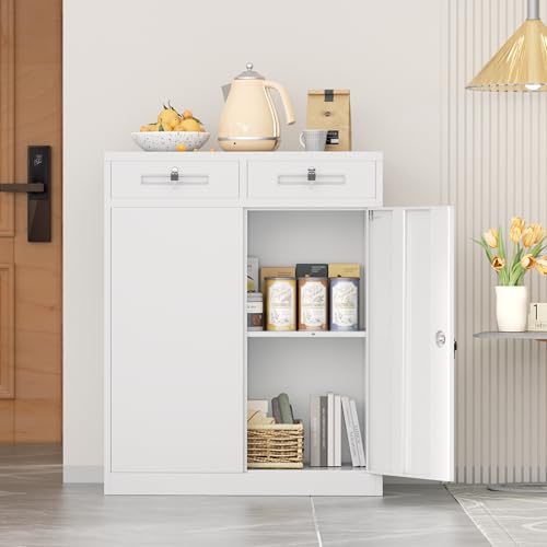 Image of INTERGREAT Metal Garage Storage Cabinets with Lock,Steel Storage Cabinet with Drawer and 2 Adjustable Shelves, Small Lockable Office Steel Cabinet for Home, Warehouse, School, White