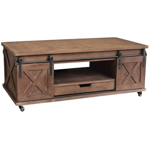L'Héritier Du Temps Indus Style Coffee Table Living Room Side Table 2 Sliding Doors 2 Drawers on Wooden Wheels 45 x 60 x 120 cm Cover