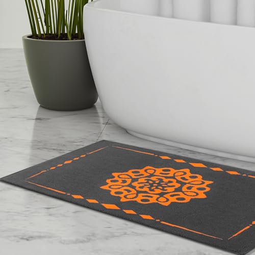 ELEVAVIDA Badematte grau 60x100 cm aus 100% Baumwolle - Badvorleger mit Mandala anthrazit orange -...