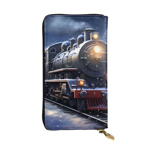 Winter Christmas Snow Night Railway Train Picture Leather Long Clutch Wallet for Fashionable Girls and Women - Durable, Stylish, and Functional, Black, One Size