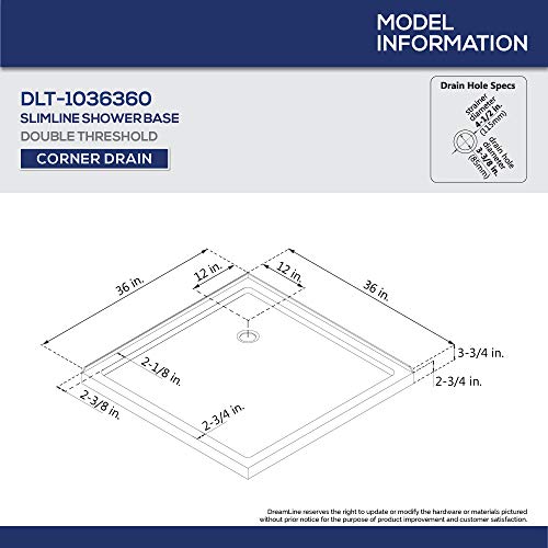 DreamLine SlimLine 36 in. D x 36 in. W x 2 3/4 in. H Corner Drain Double Threshold Shower Base in White, DLT-1036360 - Image 3