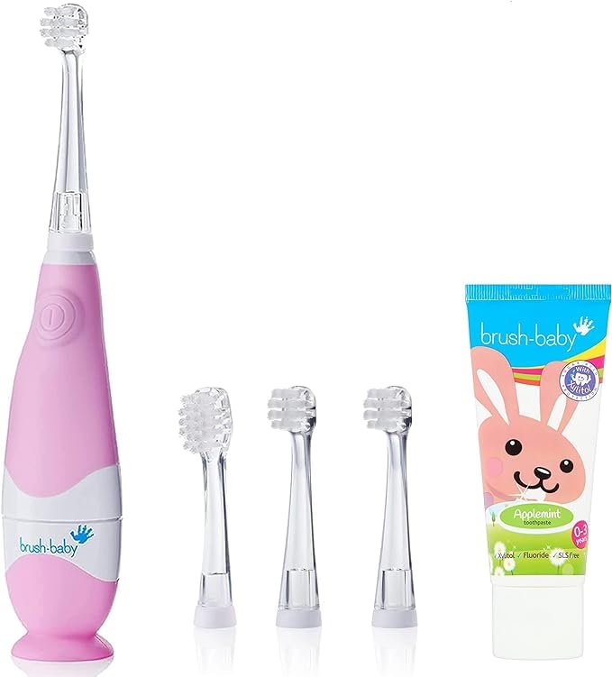 Brush-Baby - BabySonic Toddler Pink Electric Toothbrush Gift Set, 0-36 Months - Soft Vibrating Toothbrush, 4 Replacement Heads, Applemint Fluoride Toothpaste (12 ml) & 1 AAA Battery