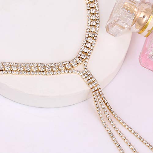 Jertocle 3 Row Rhinestone Choker Necklace Crystal Tassel Wide Collar Necklaces Gothic Diamond Charms For Women Girls (Gold) #TOP2
