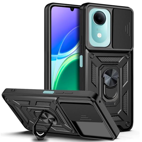 Image of AESTMO Tough Armor Vivo T5E Bumper Back Case Cover | Ring Holder & Sliding Camera Shield Cover | 360 Degree Protection Back Case Cover for Vivo T5E (Black)