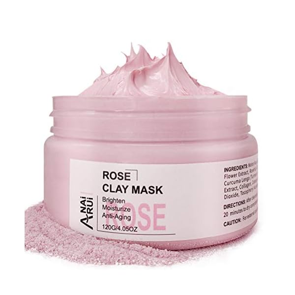 Rose-Clay-Facial-Mask-with-Kaolin-Pink-Clay-Niacinamide-Collagen-Hyaluronic-Acid-Moisturizing-Anti-Aging-Pores-Minimizers-Blackhead-Remover-Hydrating-Mud-Mask-423-oz ANAI RUI Rose Facial Mask, Clay Mask with Kaolin Pink Clay, Niacinamide, Collagen, Hyaluronic Acid for Moisturizing & Smooth Skin, Pores Minimizers, Blackhead Remover, 4.23 Oz