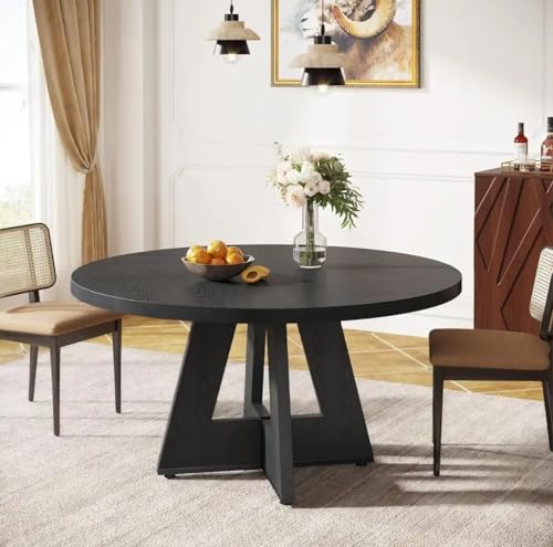 47" Round Dining Table for 4-6 People, Farmhouse Style Kitchen Table, Engineered Wood, Black, Scratch-Resistant Surface