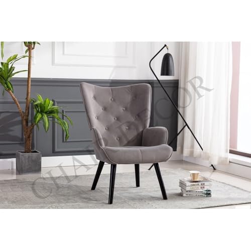 Image of Velvet Wingback Accent Chair for Living Room | Luxury High Back Tufted Armchair with Glossy Metal Legs | Modern Velvet Upholstered Lounge Chair for Home & Office | 1 Pc (Grey)