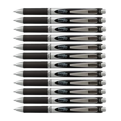 Pentel EnerGel Retractable Liquid Gel Pens, Medium Point, 0.7 mm, Silver Barrel, 12 Black Ink pens, the Ultimate writing pens, the Best Writing Pens for office, school and journaling, Pack of 12