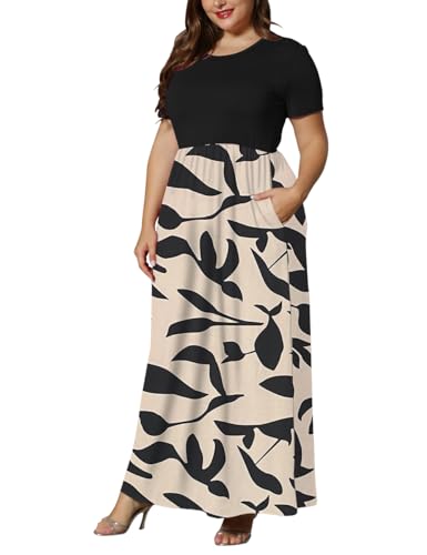 Image of KARALIN Women Plus Size Maxi Dress Short Sleeve Round Neck Loose Fit A-Line | Plus Size Long Dress,Summer Casual Maxi Dresses,Short Sleeve,Side Pockets,Round Neck,Elastic Waist,14 Plus - 26 Plus