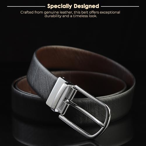 Image of Belts for Men Leather Original, Reversible Black & Brown Formal & Casual Italian Leather Belt with Solid Metal Curved Buckle