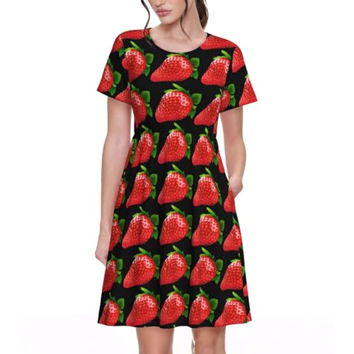 Robe d'été motif fraises en maille douce à col rond pour un look frais
