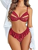 Avidlove Lingerie For Womens Sexy Bra And Panty Sets Lace Underwear Sheer Mesh Bralette With Thong (Wine Red, Large)