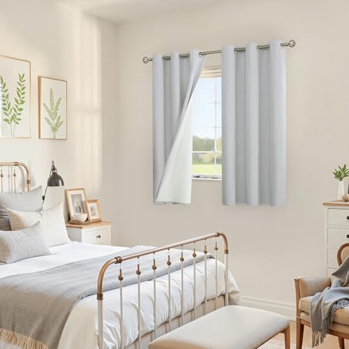 Image of YoungsTex Linen 100% Blackout Curtains 48 Inch Length for Bedroom, Short Thermal Insulated Drapes with Grommet Heat Blocking for Living Room Window, Light Grey, 2 Panels, 42 X 48 Inch