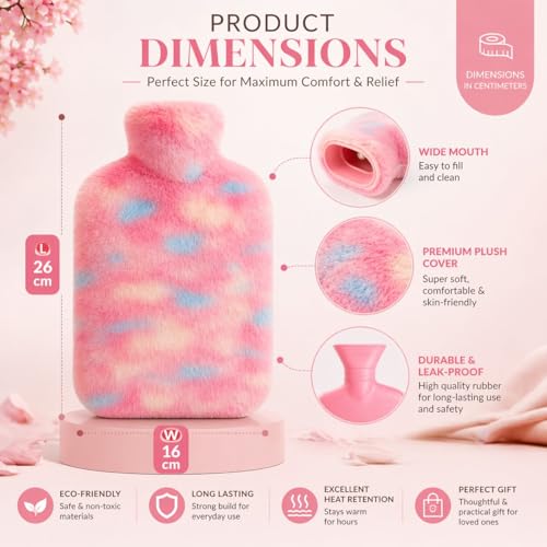 Image of Hot Water Bag with Soft Plush Cover 1000ml Medical Grade Silicone Hot Water Bottle for Period Cramps, Hot & Cold Therapy, Back Pain, Muscle Aches, Body Relaxation Heating Pad (Rainbow Swirl)