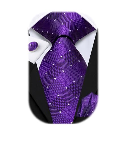 Image of Hi-Tie Mens Plaid Ties Classic Paisley Necktie with Handkerchief Cufflinks Set Business Stripe Tie