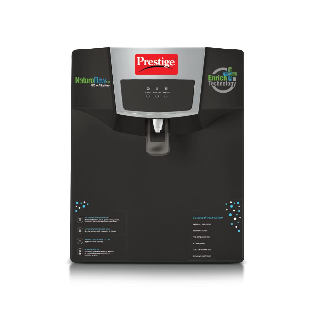 Prestige CleanHome Naturoflow 1.0 RO+ Alkaline Water Purifier, 8L (Black)