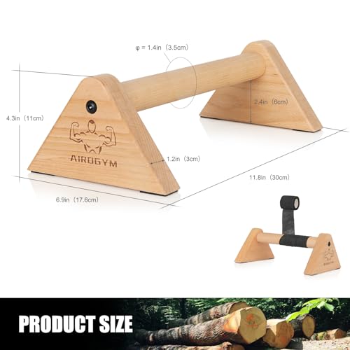 Image of Airogym Wooden Parallettes Push Up Bars, Beech Wood Calisthenics Equipment for Home Gym Use, Perfect Pushup Bar Stable Handstand Push Up Handles for Floors, Includes Wrapping Belt and Carrying Bag