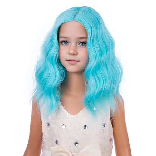 Image of PATTNIUM Teal Blue Wig for Kids Girls Short Blue Wavy Curly Wigs Child Bob Side Part Wig Synthetic Cosplay Party Halloween Wigs