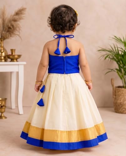 Image of Stanwells Kids Baby Girl Dress Cream Gold Pattu Pavadai Cotton Silk Lehenga Choli Kerala Kasavu South Indian Onam Festival Traditional Ethnic Wear