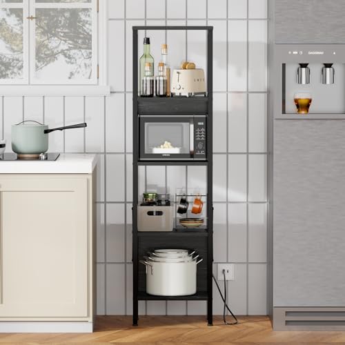 Image of Furologee 5 Tier Book Shelf with LED Light, Tall Display Bookcase with Back, Narrow Industrial Standing Shelving Units, Metal and Wooden Storage Rack for Bedroom, Living Room, Office, Black Oak