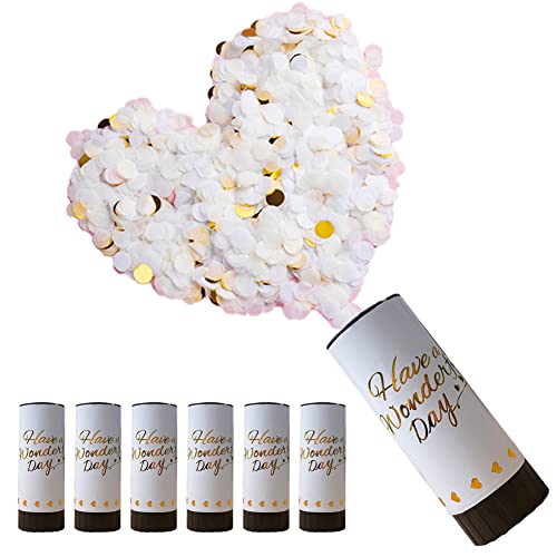 DEARLIVES 6 Pcs White Confetti Cannons Biodegradable Confetti Wedding Party Poppers 11cm with Twisting Black Turntable to Left for Graduation Bridal Anniversary New Year Celebration Supplies