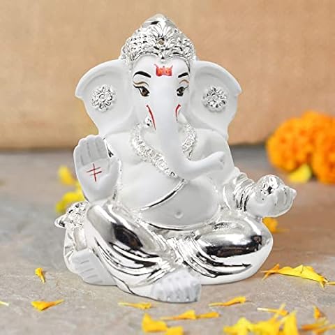 Karigaari India Silver Plated Ceramic Aaram Ganesh Idol for car Dashboard & Home Decor I Car Dashboard Idols I Ganpati for car Dashboard I Car Idols for Dashboard (Size : 3 x 2 inches) Cover