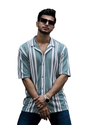 Image of Maniac Mens Striped Collar Neck Half Sleeve Jacquard Oversized Shirt