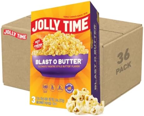 Jolly Time Blast O Butter, Ultimate Movie Theater Butter Microwave Popcorn, 3.2oz Sharing Bag, 3 Bags Per Carton (Blast O Butter, 3.2 Ounce (Pack of 36))