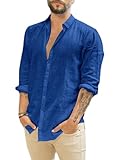 Runcati Camisa de lino de manga larga para hombre, cuello vuelto, camisa de negocios, tiempo libre, verano, azul cobalto, XL