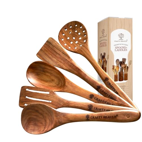 Image of Crafty Heaven Wooden Spatualas & Ladles | Sheesham Wood Utensils for Cooking | Non-Stick Cookware Safe | Wooden Spoon Set | Handmade Kitchen Tools | Heat Resistant | Made in India - Set of 5