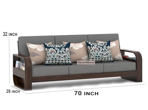 Image of Sheesham Wood 7 Seater Sofa Set for Living Room & Office Solid Wood Furniture with 40 Density Grey Cushions Wooden Seven Seater Sofa (Natural Finish)