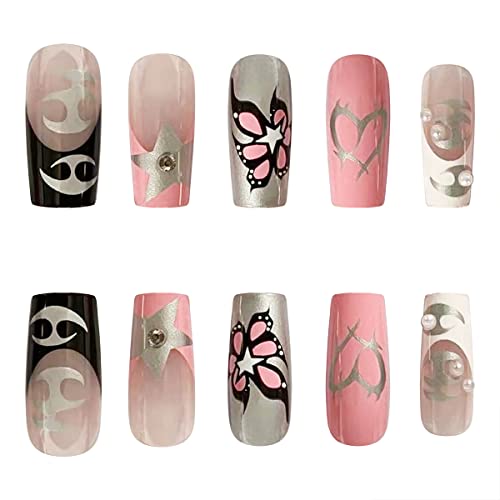 Square Press On Nails Medium Length Fake Nails Pink With Star And Butterfly Designs False Nails Silver Stick On False Nails For Women And Girls 24Pcs #TOP2