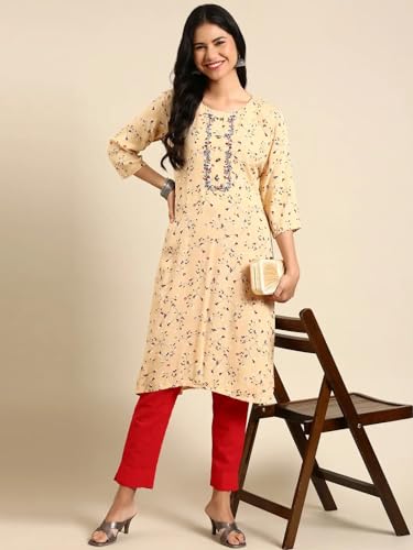 Image of SHOWOFFFF Women Printed Straight Fusion Kurta | Round Neck 3 /4th Sleeves Cotton Kurta for Womens | Regular Fit Calf Length Kurta for Women's