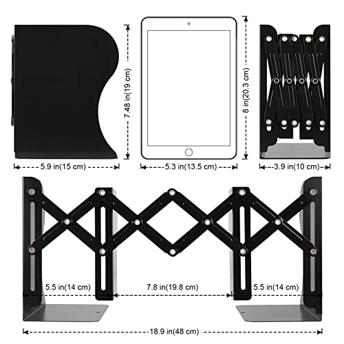 2pcs adjustable bookends metal book ends for heavy book 2 dividers nonslip book stander for desk shelf office stationery gift extends up to 19 inches black