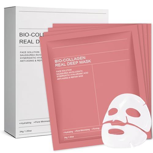 4 Pièces Masque Visage au Collagène, Masque Bio Collagen Hydratant et Raffermissant, Soin Visage Anti-Âge, Améliore l’Élasticité et l’Éclat de la Peau, Convient à Tous Types de Peau