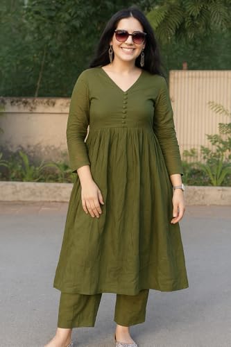 Image of Anarkali Kurta Pant Set for Women Long Flared V-Neck Kurta | Office & Casual Wear | 3 /4 Sleeve | Button Front | Karwa Chauth & Diwali Special Office wear