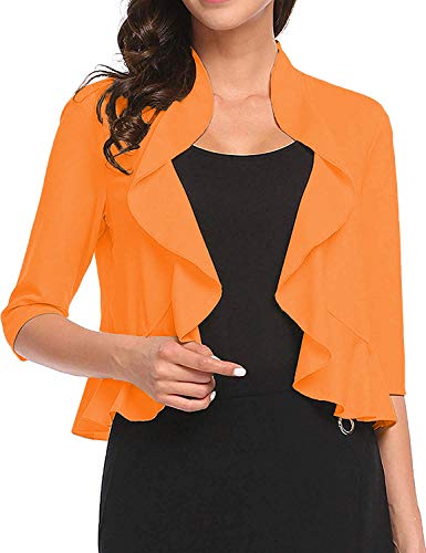 Image of Women's Open Front Cropped Cardigan 3 /4 Sleeve Casual Shrugs Jacket Draped Ruffles Bolero Cardigan