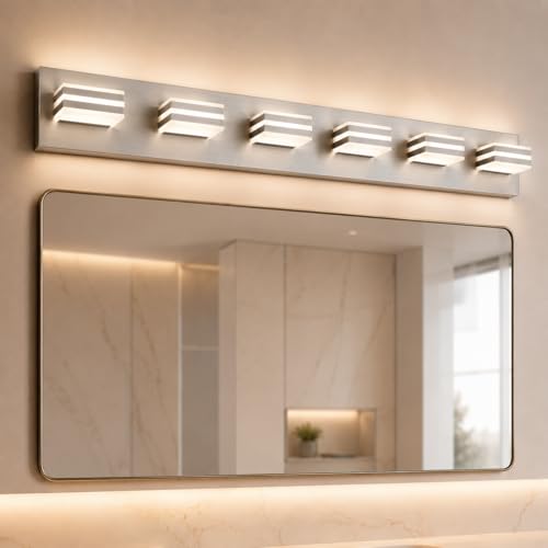 Image of 6-Light Brushed Nickel Vanity Light for Double Sink Bathroom, 41 Inch 48W 5CCT Dimmable LED Over Mirror Wall Fixture, Hardwired Light with Clear Acrylic Shade