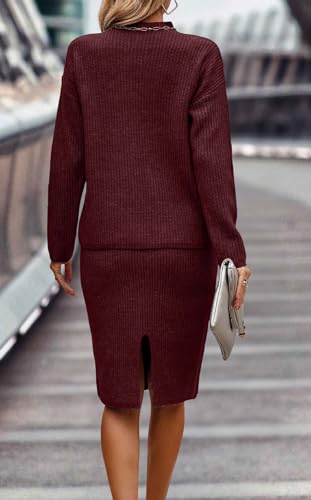 Image of Women 2 Piece Knit Sweater Skirt Set Midi Sweater Dress Long Sleeve Pullover Bodycon Knitted Skirt Set Outfit