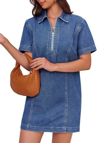 Fisoew Women’s Denim Mini Dress Short Sleeve Summer Casual Half Zip Polo Neck Short Jean Dress
