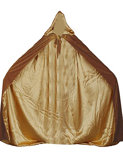LuckyMjmy Velvet Renaissance Medieval Cloak Cape Lined with Satin (Large Dark Gold-Gold)