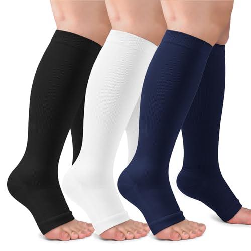 Image of CTHH Toeless Compression Socks for Women & Men Open Toe Knee High Stocking | 3 Pack 20-30 mmHg Graduated Compression Socks Best Support for Circulation Flying Running Daily Wear Cooling