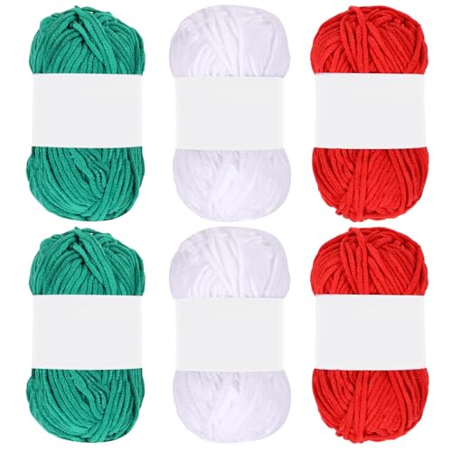 6 Pack Chunky Chenille Yarn for Hand Knitting and Crocheting DIY Handmade Christmas Crafts Gift Santa African American Party Decoration Kwanzaa Decoration, Red Green White
