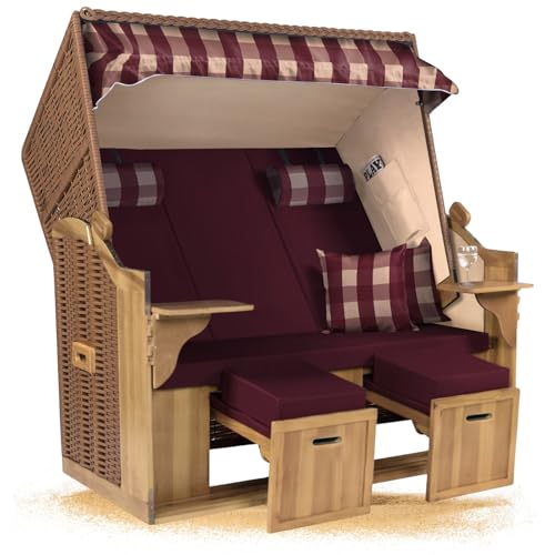 Strandkorb Hanse Ostsee XXL 2,5 Sitzer Volllieger Natur Beige 150cm breit, ideal für Garten, Terrasse und Balkon (Rot Beige Kariert Uni, Zerlegt)