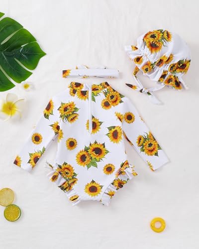 Image of Renotemy Baby Girls Swimsuit Drawstring Zip Bathing Suit Long Sleeve One-Piece Rash Guard Swimwear with Hat for Infant Girl