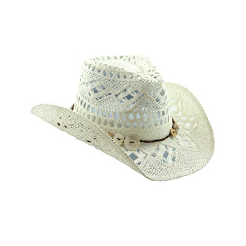 White Boho Hip Cowgirl Hat, Lace-Look Straw w/Raffia Band - Shapeable Brim