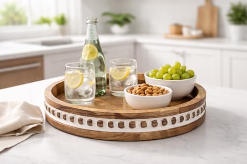 Image of Premium Round Wooden Tray for Table Decor & Serving | Mango Wood Coffee & Snack Tray for Dining & Living Room, Decorative Round Platter for Home 12 inches